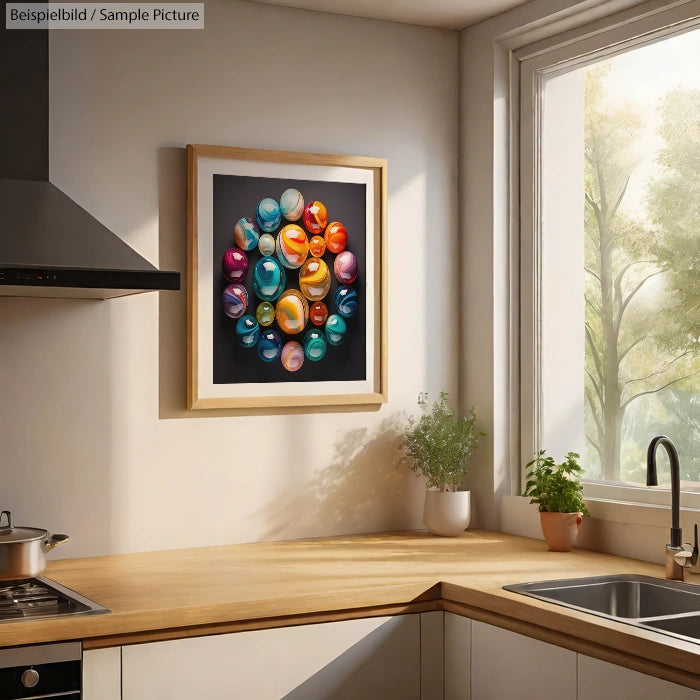 Kitchen with a colorful abstract painting of orbs on the wall, next to a sunlit window with potted plants.