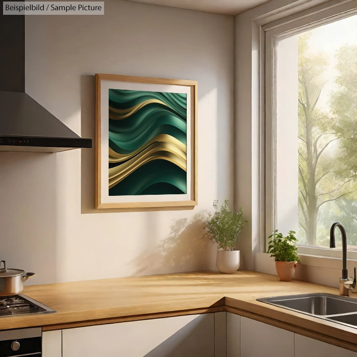 Modern kitchen with wood countertops, green and gold wave art, a potted plant, large window, and stainless steel stove.