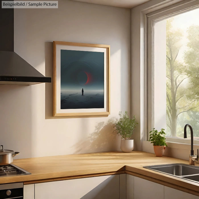 Modern kitchen with large window, light wooden countertops, and framed abstract art on the wall.