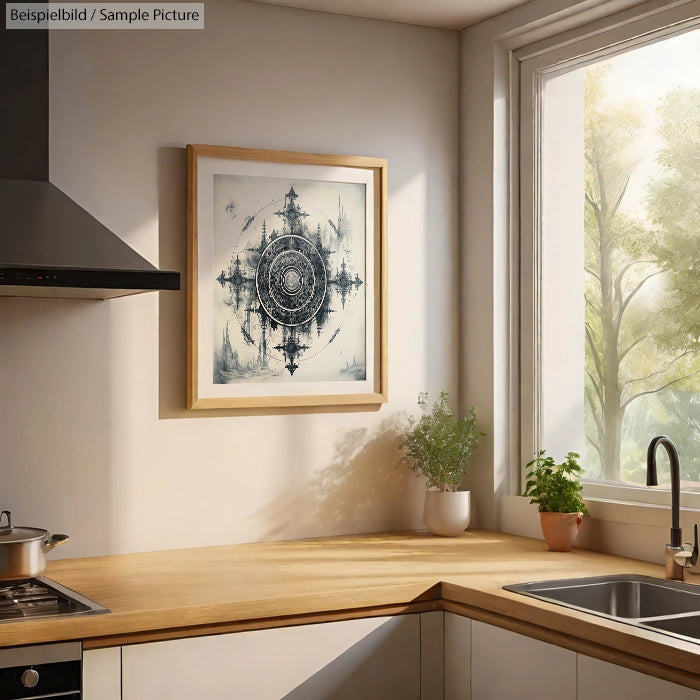 Bright kitchen with wooden countertop, wall art, potted plant, and a large window with a view of trees.