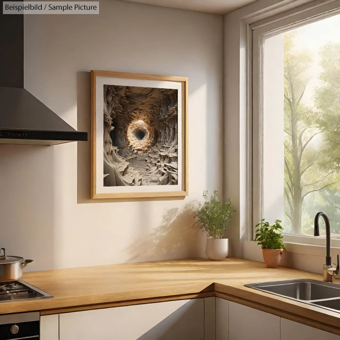 Modern kitchen with wood countertop, plants beside a sink, and a framed abstract art on wall.