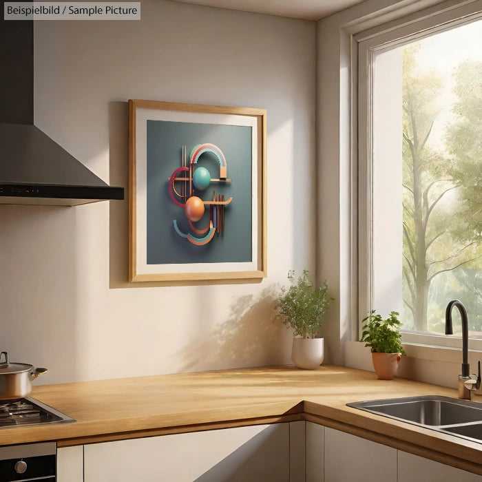 Modern kitchen with wooden countertops, framed abstract artwork on wall, potted plant, large window with sunny view.