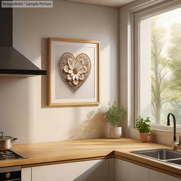 Sunny kitchen corner with wooden countertops and a framed heart-shaped artwork on wall.