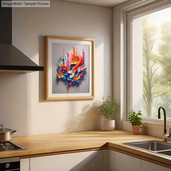 Modern kitchen with abstract colorful artwork on wall, sunlit wooden counter, and potted plant near sink.