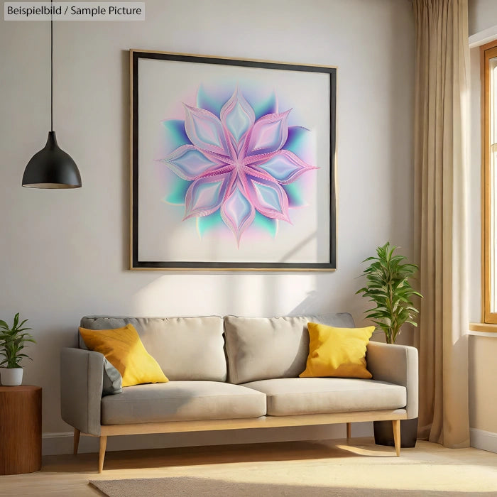 Modern living room with grey sofa, yellow pillows, and abstract floral artwork. Natural light from a window on the right.