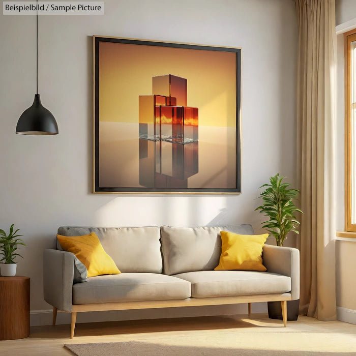 Modern living room with a beige sofa, yellow cushions, and abstract art on wall. Sunlight streams through large window.