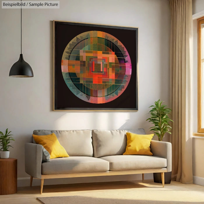 Modern living room with abstract circle artwork above a beige sofa, yellow cushions, and plants.