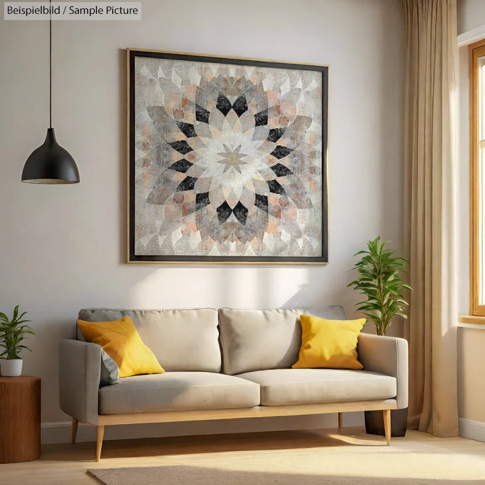 Modern living room with beige sofa, yellow pillows, geometric wall art, and plants, under natural light.