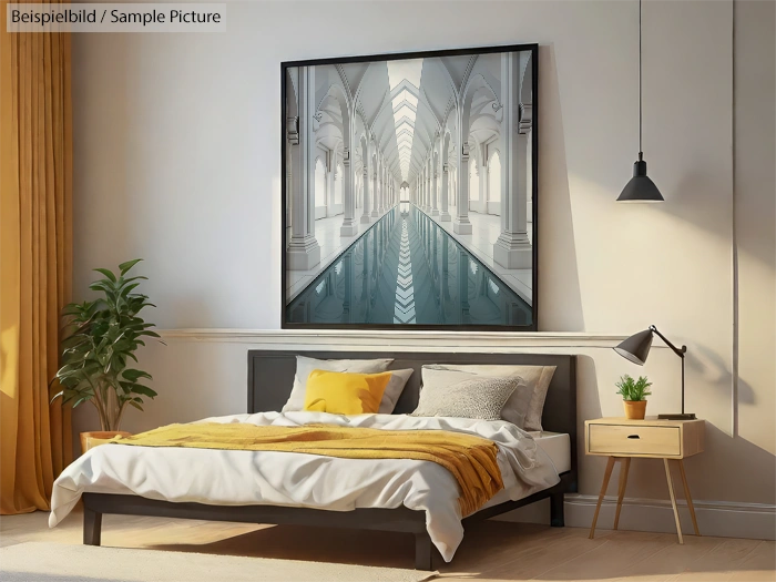 Modern bedroom with a large artwork above the bed, featuring a corridor with arches. Sunlit with minimalist decor.