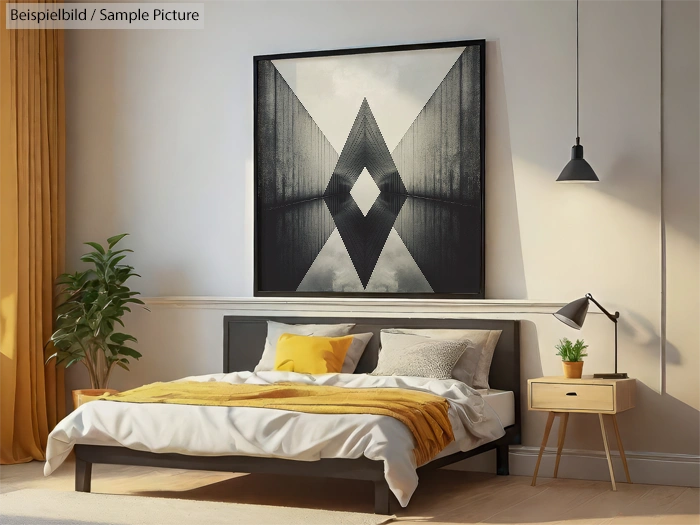 Modern bedroom with geometric wall art, mustard-yellow accents, and a black bed frame.