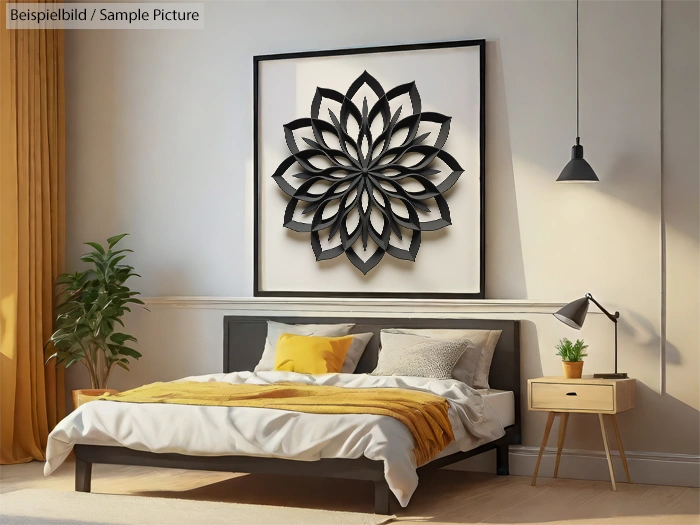 Modern bedroom with black bed, yellow throw, wooden nightstand, and decorative wall art in a geometric flower shape.