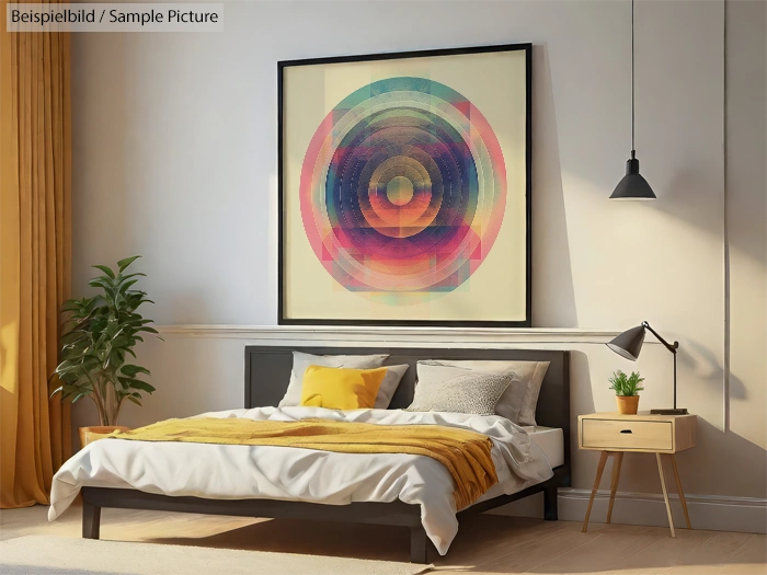 Modern bedroom with colorful abstract circle art above bed, mustard blanket, and potted plant, under pendant light.