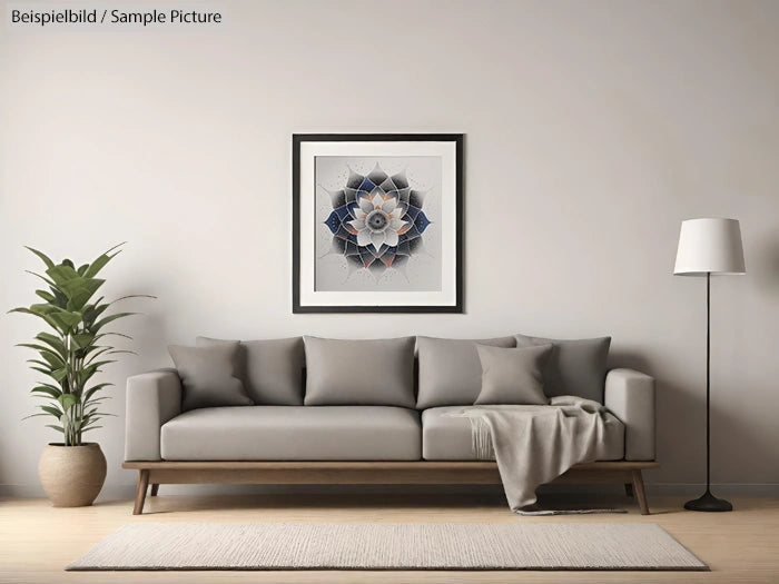 Modern living room with grey sofa, geometric art, potted plant, and floor lamp on wood flooring.