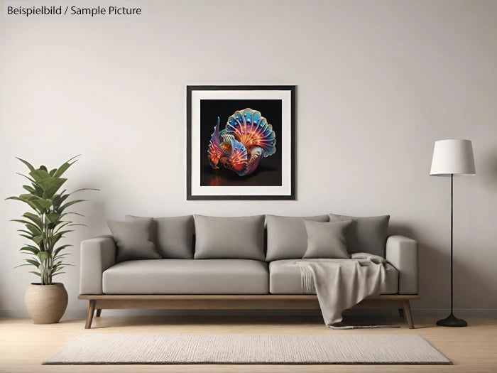 Modern living room with a grey sofa, colorful shell artwork, floor lamp, and plant on wooden floor.