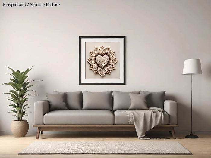 Modern living room with gray sofa, decorative wall art, floor lamp, and potted plant, in neutral tones.