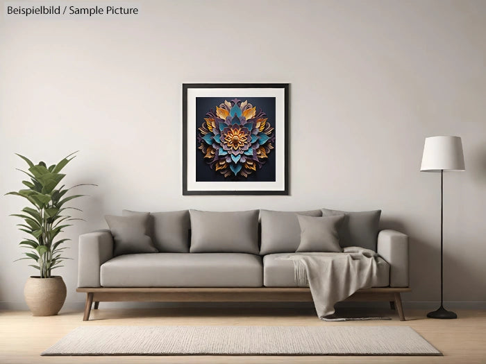 Modern living room with gray couch, abstract floral art, floor lamp, and indoor plant.