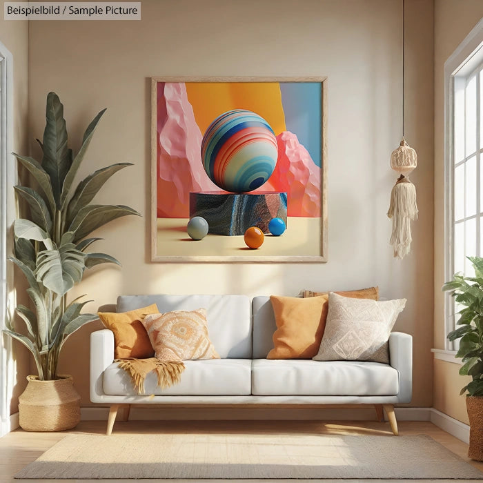 Modern living room with white sofa, colorful cushions, and abstract painting of a multicolored sphere on the wall.