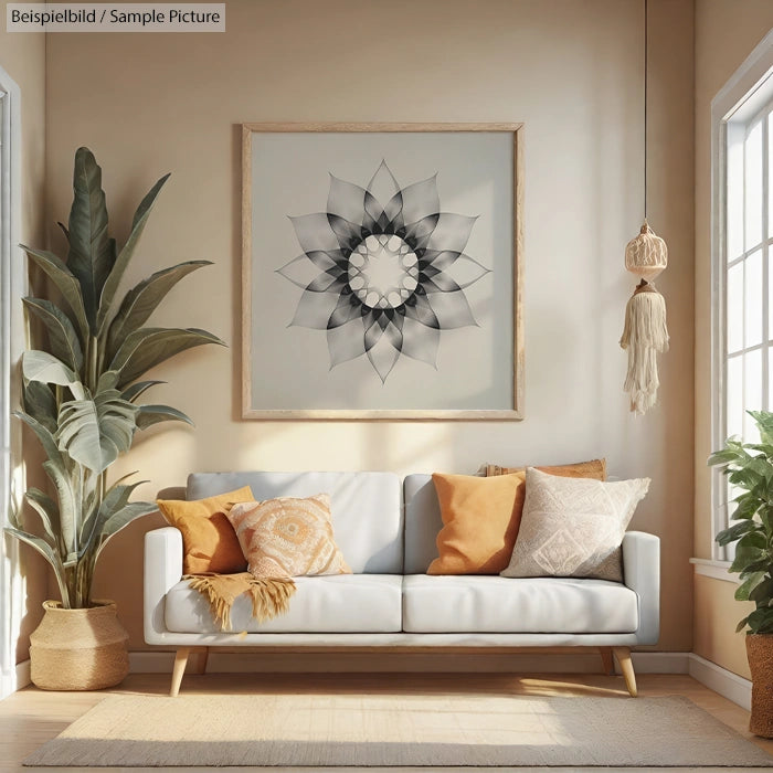 Cozy living room with neutral sofa, orange pillows, and large geometric art; plants and natural light enhance the decor.