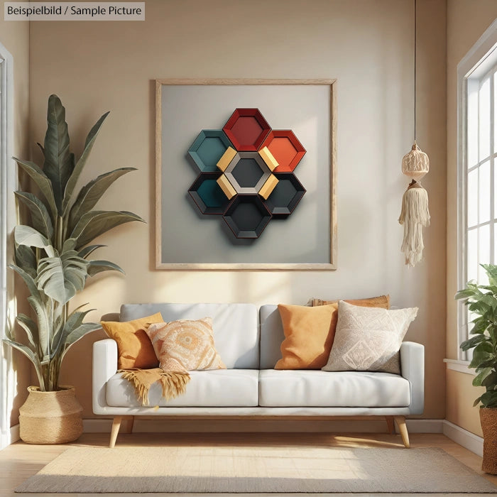 Modern living room with geometric wall art, beige sofa with orange pillows, and potted plants in natural light.