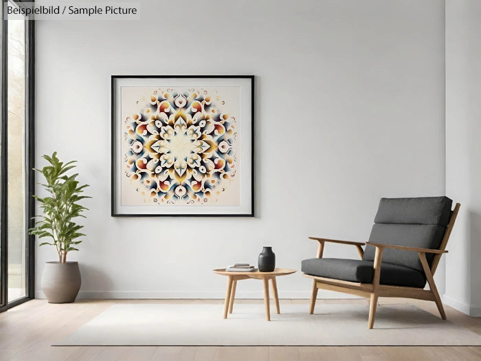 Modern living room with abstract mandala artwork, armchair, small table, and a potted plant by window.