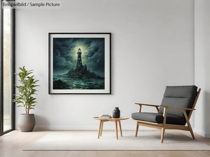 Modern living room with framed lighthouse artwork, wooden chair, small table, and potted plant against a white wall.