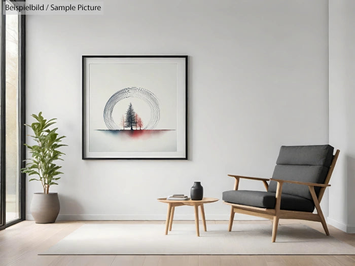 Modern living room with armchair, coffee table, potted plant, and framed abstract tree artwork on a white wall.