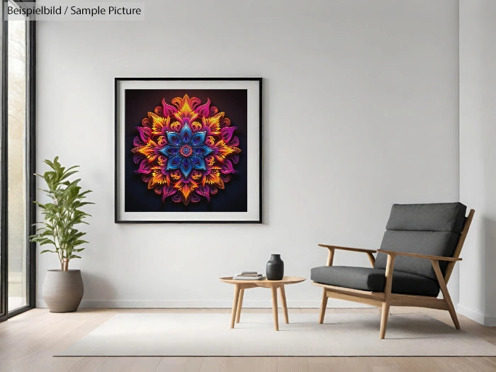 Colorful mandala art in black-frame on wall of modern living room with gray chair and round wooden table.