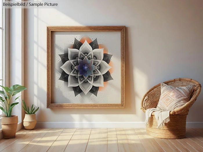 Framed geometric flower artwork on a wall, sunlight streaming, wicker chair with beige cushion beside.