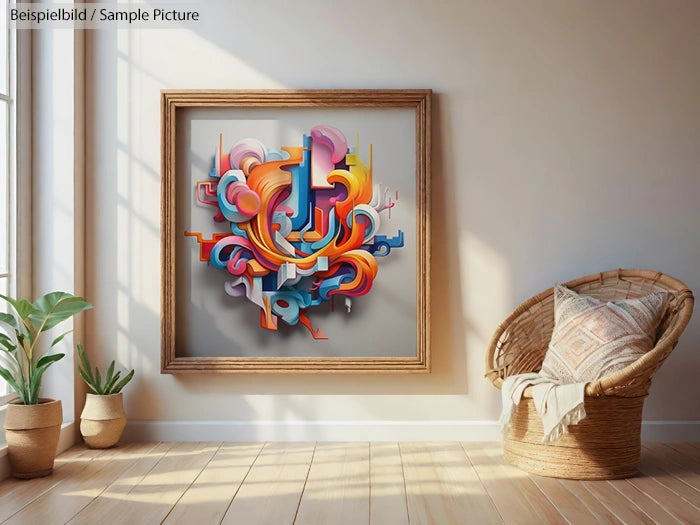 Colorful abstract painting in wooden frame on wall, near wicker chair and sunlit plant in modern room.