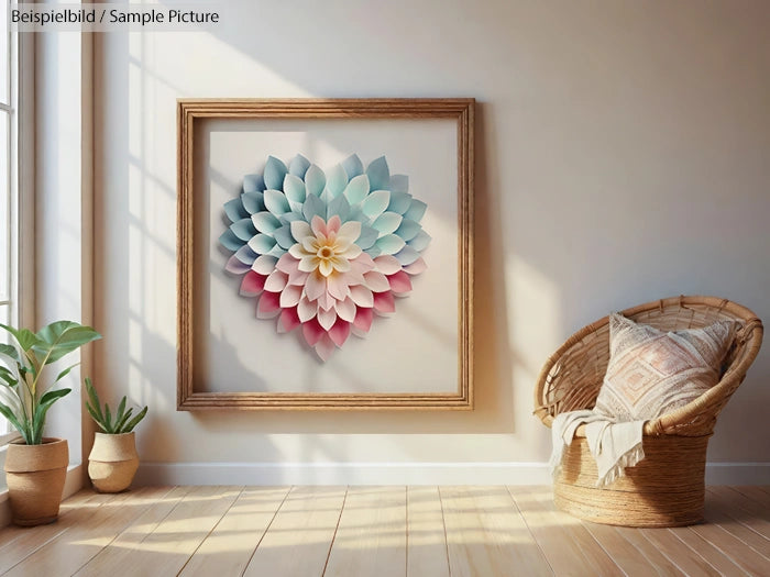 Framed pastel flower artwork on wall, beside wicker chair and potted plants in sunlit room.