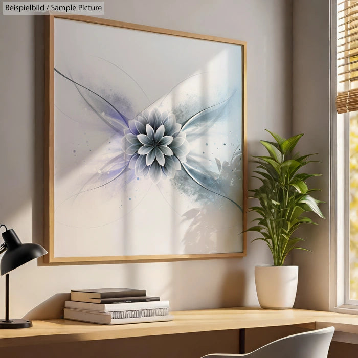 Modern living room with abstract flower painting, desk lamp, stacked books, and potted plant by a sunny window.