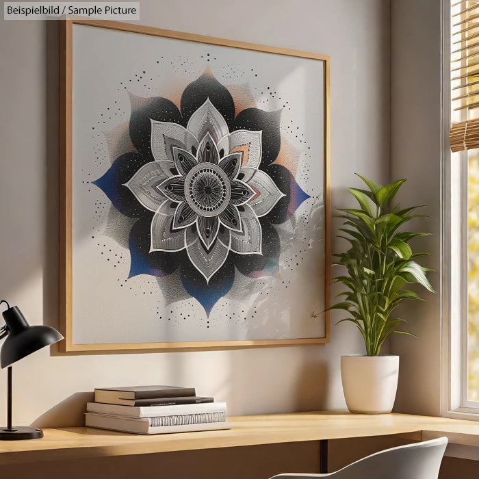 Framed mandala art on wall with table, books, lamp, and plant in modern room.