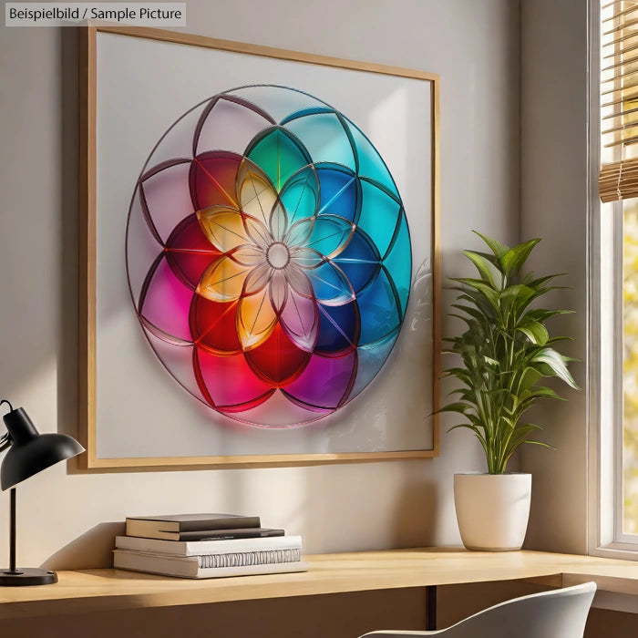 Colorful mandala art with overlapping geometric shapes framed in a modern room with a potted plant and books.