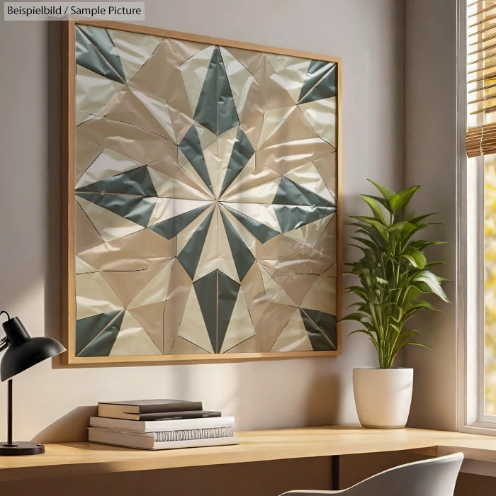 Geometric art piece with metallic silver and green hues on a beige wall above a desk with a lamp and a potted plant.