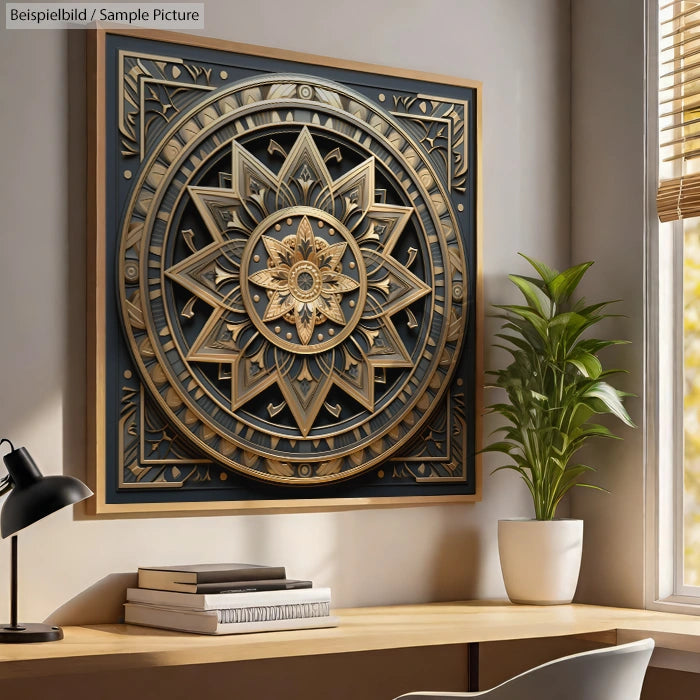 Decorative wall art with intricate geometric pattern in gold and navy tones, hanging above a modern desk with books and plant.