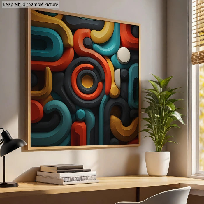 Colorful abstract wall art with 3D geometric shapes hanging above a pot plant on a desk with books and a lamp.