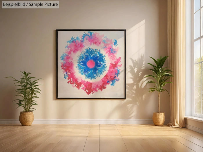 Framed abstract painting with pink and blue swirls, hanging on a sunlit wall between two potted plants.