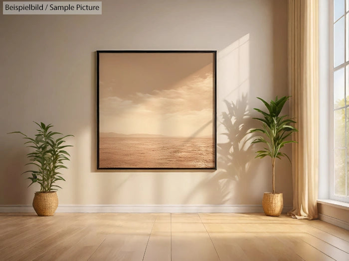 Beige interior with sea landscape framed on wall, wooden floor, and two potted plants near large window.