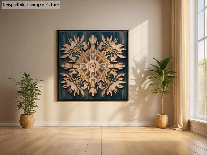 Ornate symmetrical wall art in spacious room with wooden floor and potted plants.