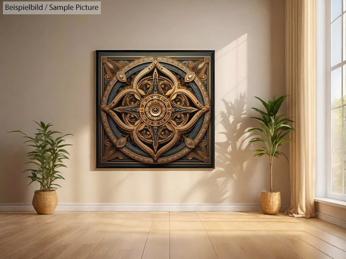 Elegant room with ornate circular wall art, wooden floor, and potted plants by a large sunlit window.