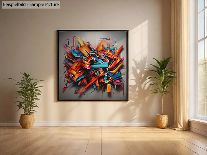 Colorful abstract painting with geometric shapes on a beige wall, flanked by two potted plants, in a sunlit room.