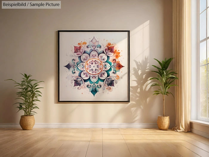 Framed colorful mandala art on a beige wall, flanked by potted plants in a sunlit room with wooden flooring.