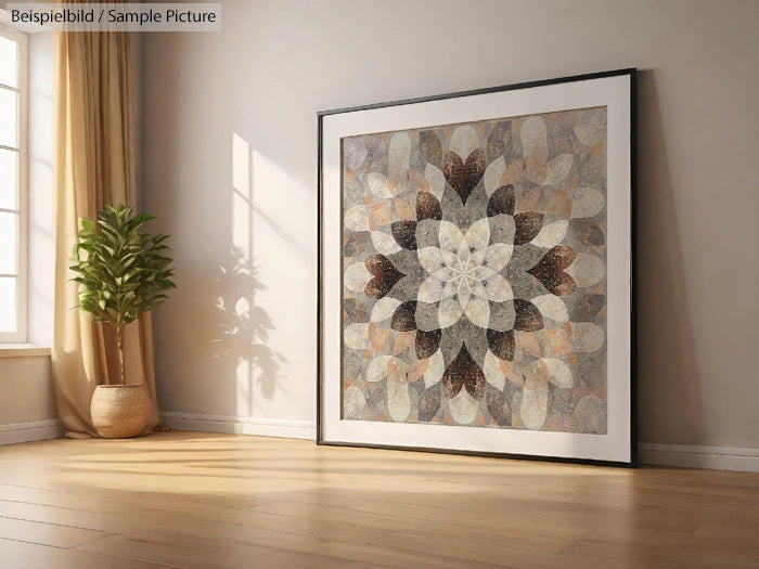 Large framed mandala art on floor in bright room with potted plant and wooden flooring.