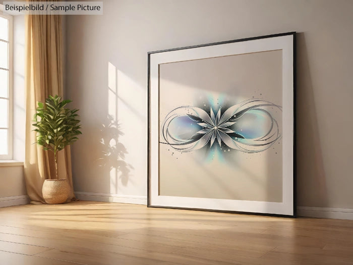 Modern abstract artwork in a large square frame, featuring floral patterns, leaning against a wall in a sunlit room.