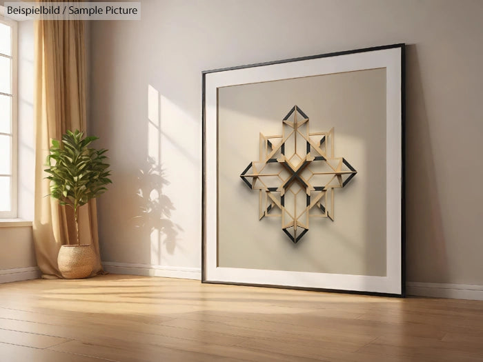 Geometric wall art in a sunlit room with wooden flooring and a potted plant.