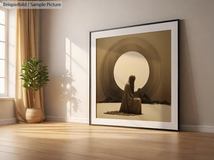 Large framed artwork of a cloaked figure beside a circle, leaning against a wall in a sunlit room with a potted plant.