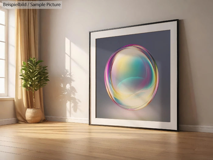 Framed abstract art depicting a colorful swirl on a gray background, leaning against a beige wall near a potted plant.