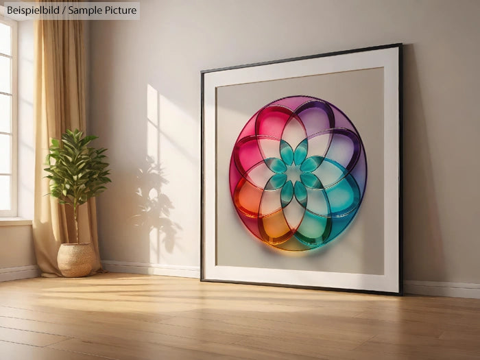 Large framed artwork with a colorful, geometric floral design in a sunlit room with a potted plant.