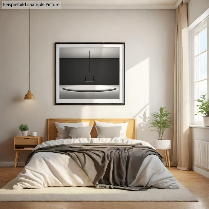 Minimalist bedroom with wooden bed, abstract art above, sunlight through window, and indoor plants for decor.