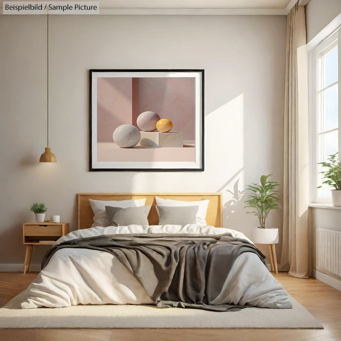 Minimalist bedroom with wooden bed, gray bedding, wall art, and large window with natural light.